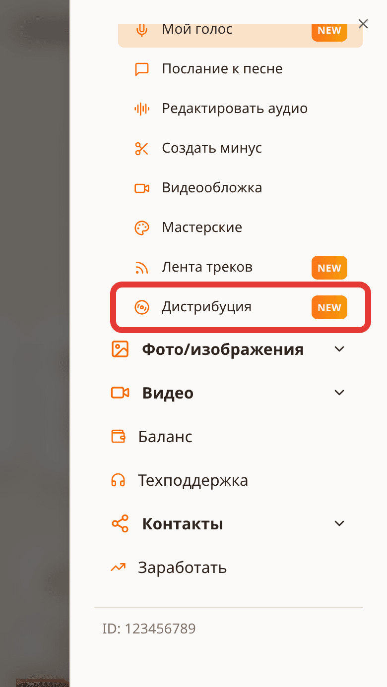 Меню SoNata: пункт «Дистрибуция» выделен красной рамкой