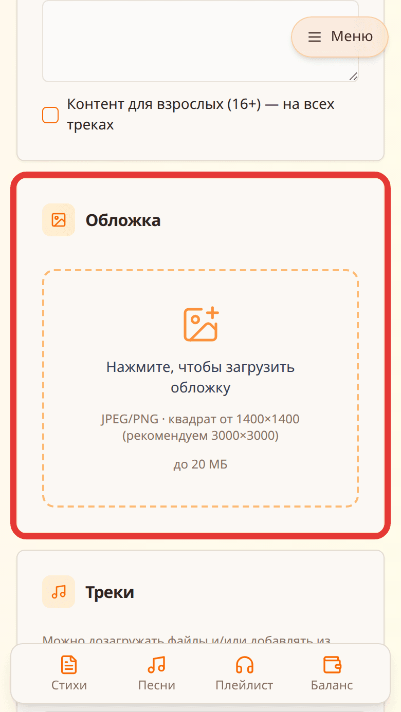 Блок «Обложка» с требованиями JPEG/PNG и размером